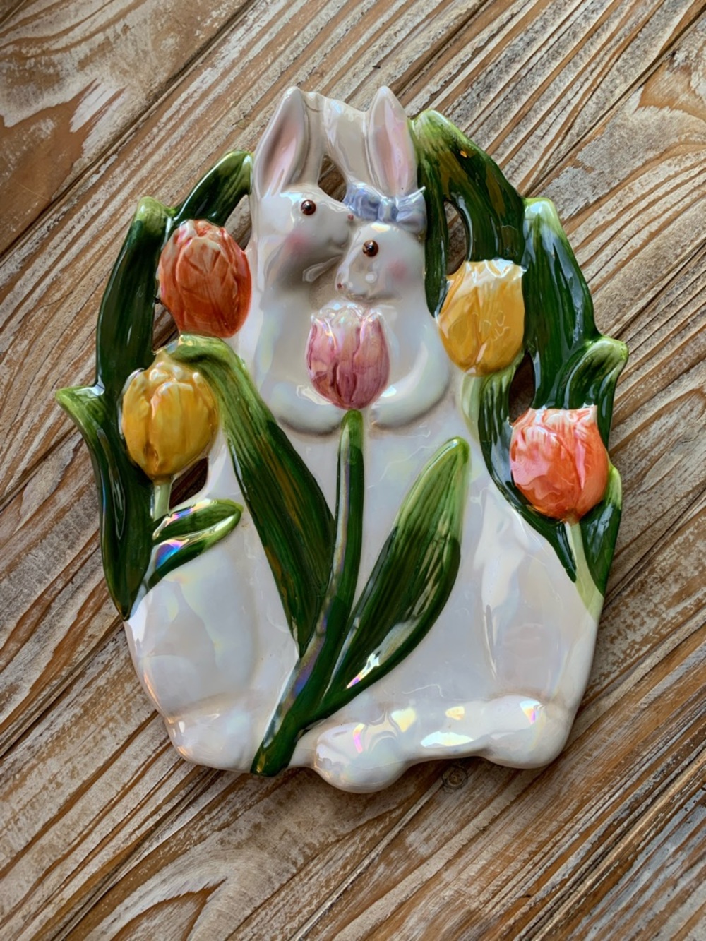 Dept 56 Floral Ceramic Plate Bunnies & Tulips Iridescent Luster Glaze 9x7